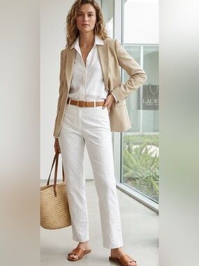 Vintage Lauren Ralph Lauren White Embroidered Cropped Pants Sz 14W High Rise
